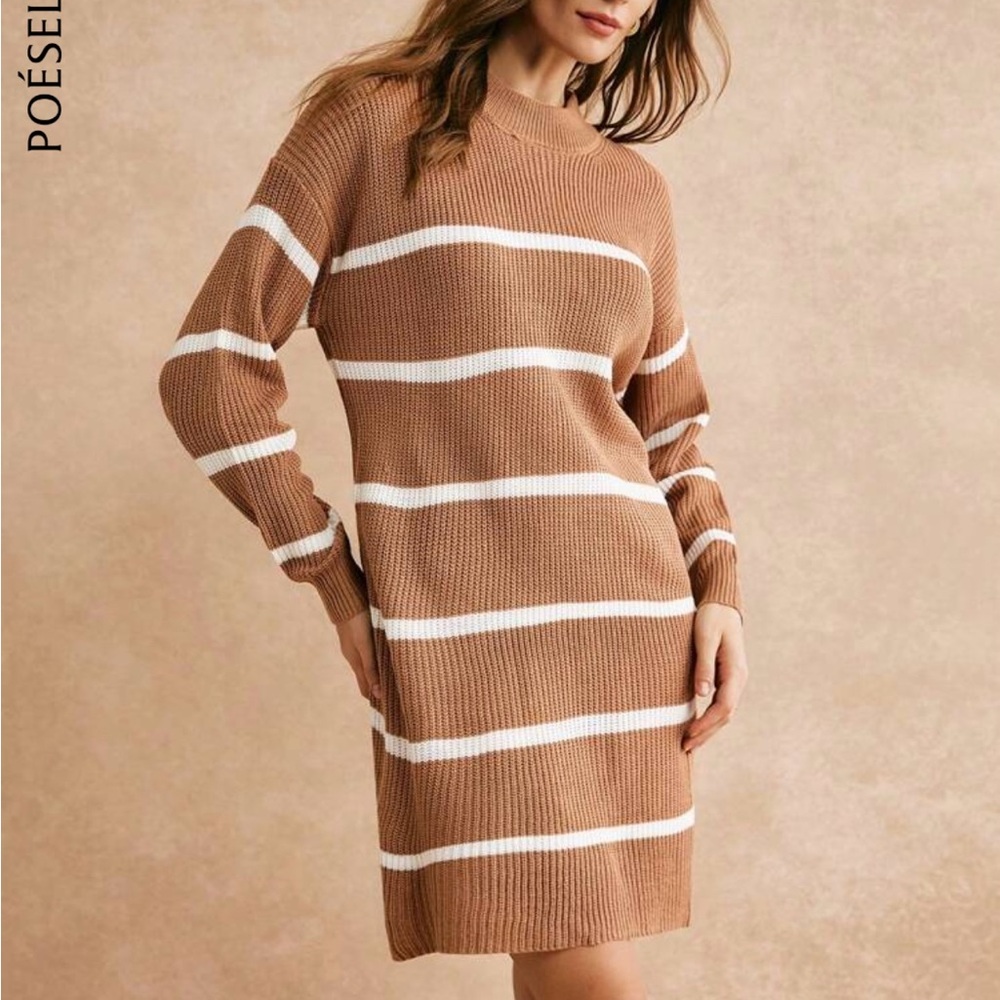 SHEIN Tan and White Striped Long Sleeve Dress